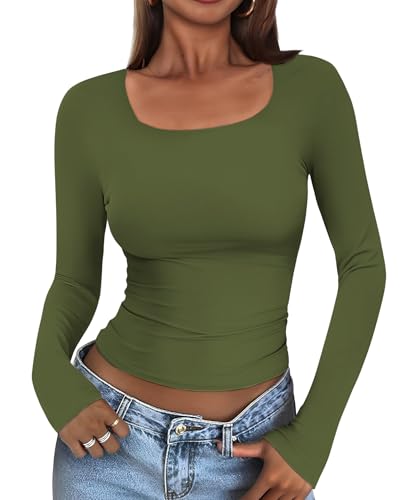 Cuptacc T Shirt Damen Langarm Sommer Leicht Und Luftig Langarmshirt Eng U-Boot-Ausschnit Airy Skims Dubs Top Komfort Unterziehshirt Armeegrün S von Cuptacc