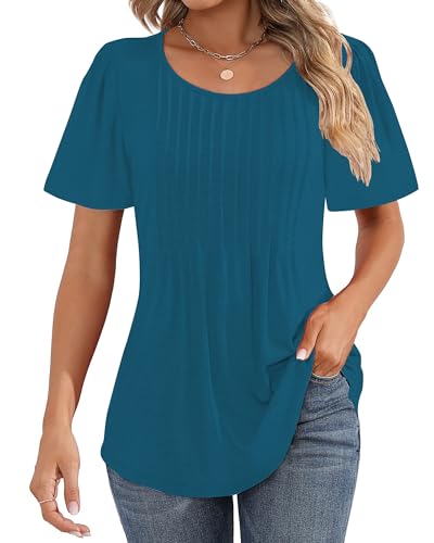 Cuptacc T-Shirt Damen Rundhals Mit Falten 2025 Mode Sommer Tshirt Kurzarm Lockere Passform Puffärmel Top Damen Einfarbig Dunkelgrün Klein S 34-36 von Cuptacc