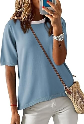 Cuptacc T Shirt Damen Rundhals Oberteile Damen Sommer Oversized Tshirt Fashion Locker Bluse Kurzarm Tops Lakeblue Klein S 34-36 von Cuptacc