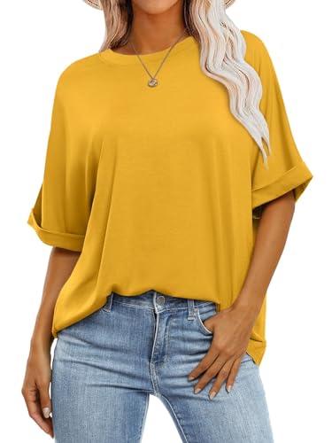 Cuptacc T Shirt Damen Rundhals Oberteile Damen Sommer Oversized Tshirt Locker Bluse Kurzarm Tops Mittel Gelb M 38-40 von Cuptacc