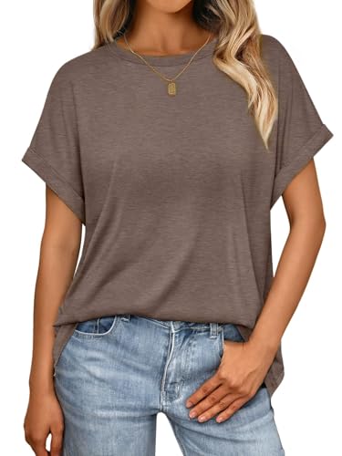 Cuptacc T Shirt Damen Sommer Rundhalsausschnitt Kurzarm Oversize Shirts Cap Sleeve Oberteile Damen Freizeit 2XL 50-52 Kaffee grau von Cuptacc