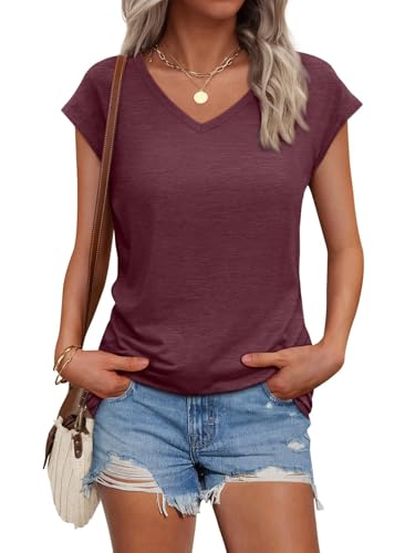 Cuptacc T Shirt Damen Sommer Tops Für Damen Oberteile V-Ausschnitt Business Bluse Kurzarm T-Shirt Locker WineRed Groß L 42-44 von Cuptacc