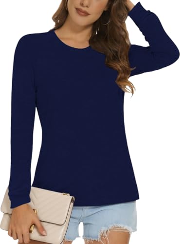 Cuptacc T Shirt Langarm Damen Mit Rundhalsausschnitt Basic Einfarbig Sommer Langarm Pullover Casual Elegant Locker Langarmshirt Damen Marineblau M Mittel von Cuptacc