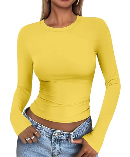 Cuptacc T Shirt Langarm Damen Rundhals Slim Fit Longsleeve Top Basics Enge Langarm Oberteile Schnelltrocknend Faltenfrei Wickelshirt Gelb XS von Cuptacc