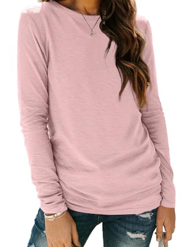 Cuptacc T-Shirts Für Damen Basic Langarmshirt Rundhalsausschnitt Damen Langarm Elegant Einfarbig Tops Hellrosa M 38-40 von Cuptacc