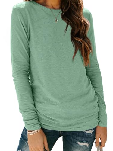 Cuptacc T-Shirts Für Damen Locker Bluse Damen Langarm Rundhals Shirt Langarm Basic Longsleeve Elegant Top Hellgrün XL 46-48 von Cuptacc