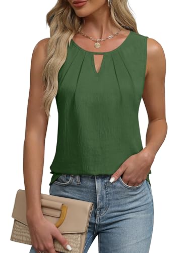 Cuptacc Tank Top Damen Ärmellose Schlüsselloch V-Ausschnitt Bluse Damen Sommer Elegant Einfarbig Tunika Vest Armee Grün, XL 46-48 von Cuptacc