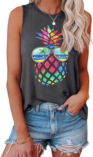 Cuptacc Tank Top Damen Lang Ärmellos Locker T-Shirt 2025 Sommermode Rundhals Ananas Grafik Mode Top Women Grau Groß L 42-44 von Cuptacc