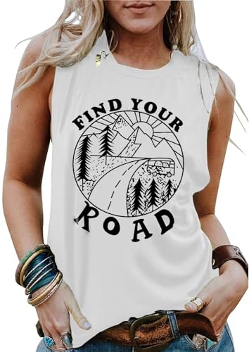 Cuptacc Tank Top Damen Rundhals Lockere Find Your Road Muster 2025 Fashion Sommer Top Ärmellos Bequem Oberteile Damen Weiß XL 46-48 von Cuptacc