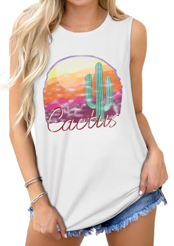 Cuptacc Tank Top Damen Rundhals Lockere Kaktusmuster 2025 Fashion Sommer Top Ärmellos Bequem Oberteile Damen Weiß XL 46-48 von Cuptacc