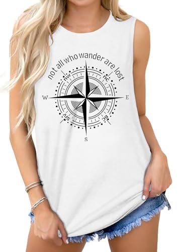 Cuptacc Tank Top Damen Rundhals Lockere Kompassmuster 2025 Fashion Sommer Top Ärmellos Bequem Oberteile Damen Weiß XL 46-48 von Cuptacc