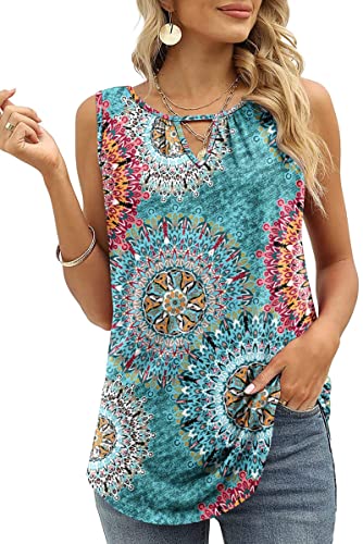 Cuptacc Tank Top Damen Sommer 2024 Trendy Einfarbige Boatneck Ärmellose Sexy Tops Lockere Tunika Shirt Grün Blumenmuster Groß L 42-44 von Cuptacc