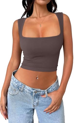 Cuptacc Tank Top Damen Sommer Baufreie Ärmelloses Aesthetic Sexy Crop Tops Leicht Yoga Square Neck Shirts Desert Taupe Groß L 42-44 von Cuptacc