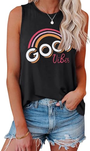 Cuptacc Tank Top Damen Sommer Rundhals Locker Buchstaben Monogramm Grafik Tops Atmungsaktiv Freizeit Ärmellose Bluse Damen Schwarz Mittel M 38-40 von Cuptacc