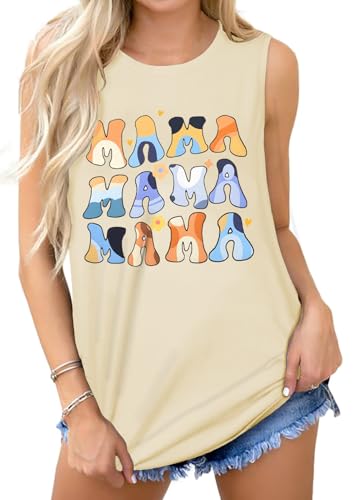 Cuptacc Tank Top Damen Sommer Rundhals Locker Mama Buchstabenmuster Tops Atmungsaktiv Freizeit Ärmellose Bluse Damen Beige Mittel M 38-40 von Cuptacc