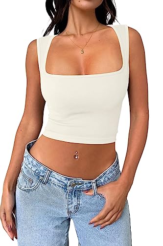 Cuptacc Tank Top Damen Y2K Bauchfreies Oberteil Eckigem Ausschnitt Sexy Top Sleeveless Gym Basic Cropped Top Beige XS 30-32 von Cuptacc