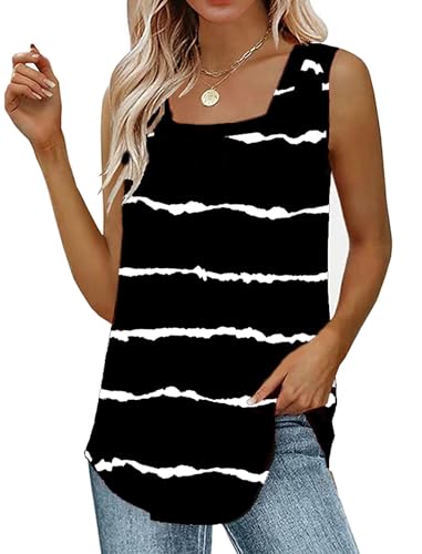 Cuptacc Top Damen Casual Ärmellose Bluse Tunika 2025 Sommer Tops Eckiger Ausschnitt Loose Fit Blusen & Tuniken Für Damen Schwarze Und Weiße Streifen Groß L 42-44 von Cuptacc