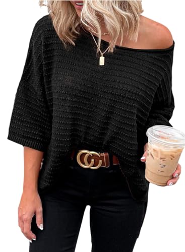 Cuptacc Top Damen 2024 Mode Loose Fit Rundhals Pullover Damen Herbst 3/4 Ärmel T-Shirt Damen Schwarz Groß L 42-44 Cuptacc Top Damen 2024 Mode Loose Fit Rundhals Pullover Damen Herbst 3/4 Ärmel T-Shirt Damen Schwarz Groß L 42-44 von Cuptacc