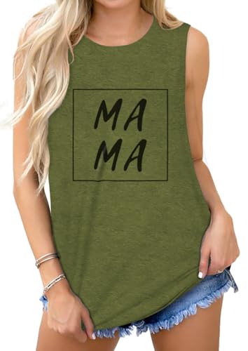 Cuptacc Top Damen Rundhals Lockere Mama Buchstabenmuster 2025 Fashion Sommer Tshirt Ärmellos Bequem Oberteile Damen Armeegrün XL 46-48 von Cuptacc
