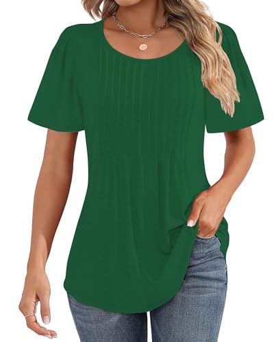 Cuptacc Top Damen Rundhalsausschnitt Mit Falten Sommer Tshirt Kurzarm Elegant Locker Puffärmel Oberteil Damen Grün Klein S 34-36 von Cuptacc