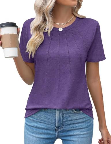 Cuptacc Top Damen Sommer Falten Rundhalsausschnitt Tshirt Elegant Longshirt Damen Kurzarm Einfarbig Shirts Lila X-Small XS Cuptacc Top Damen Sommer Falten Rundhalsausschnitt Tshirt Elegant Longshirt Damen Kurzarm Einfarbig Shirts Lila X-Small XS von Cuptacc