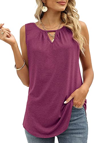 Cuptacc Top Damen Sommer Mode V Ausschnitt Ärmellose Blumendruck Kleidung Fashion Tunika Loose Fit Tank Tops Lila Groß L 42-44 von Cuptacc