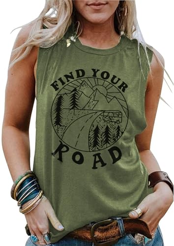 Cuptacc Top Damen Sommer Rundhals Locker Find Your Road Grafikdruck Tops Atmungsaktiv Freizeit Ärmellose Bluse Damen Armeegrün Groß L 42-44 von Cuptacc