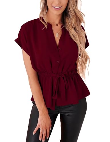 Cuptacc Musselin Bluse Damen V-Ausschnitt 2024 Chiffon Bluse Kurzarm Sommerbluse Leicht Weinrot, Mittel 38-40 von Cuptacc