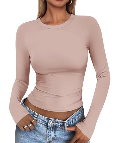 Cuptacc Top Langarm Damen Eng Slim Fit Oberteile Damen Fashion Solid Color Round Neck Langarm Shirts Kurz Schnelltrocknend Longsleeve Staubiges Rosa S von Cuptacc