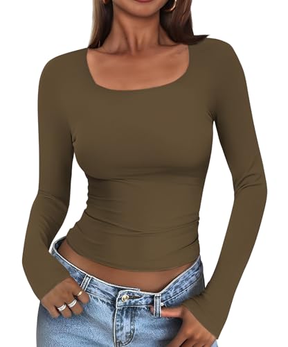 Cuptacc Top Langarm Damen Fashion U-Boot-Ausschnit Closely Kurze Shirt Thermo Bequem Longsleeve Damen Eng Basic Winter Wickelshirt Kaffeegrau XL von Cuptacc