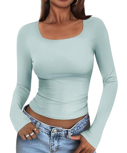 Cuptacc Tops Für Damen Basic Eng Dünne Langarmshirts Damen 2025 Fashion Konvertierbar Tshirts Frühling Bequem Eckiger Ausschnitt Oberteile Skims Himmelblau M von Cuptacc