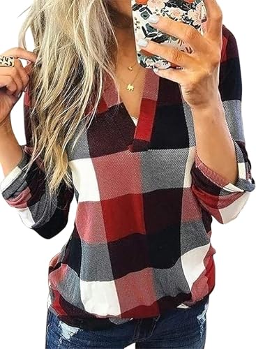 Cuptacc Tops für Damen Lange Ärmel Tunika Basic Mode Clothes Button Cute Plaid Fall Outfit Rot 2XL 50-52 von Cuptacc