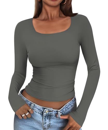 Cuptacc Tshirt Damen Langarm Elegant Eckiger Ausschnitt Langarmshirt Damen Enganliegend Solid Crop Top Lightweight Airy Oberteile Skims Dunkelgrau S von Cuptacc