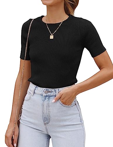 Cuptacc Tshirt Damen Oberteile Rundhals Kurzarm Gestreifte Sommer Basic Tshirt Eng Schwarz, Mittel M 38-40 von Cuptacc