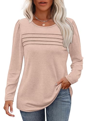 Cuptacc Tshirt Damen Schwarz Rundhals Langarmshirt Damen Elegant Puffärmel Mit Knöpfen Oberteile Sweatshirt Herbst Khaki2XL 50-52 von Cuptacc