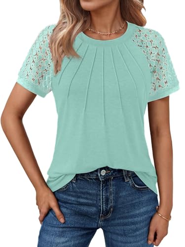 Cuptacc Tshirt Damen Sommer 2025 Kurzarm Mit Spitze Ärmel Blouse Plissierte Basic Shirt Blusen Chic Grün, Mittel M 38-40 von Cuptacc