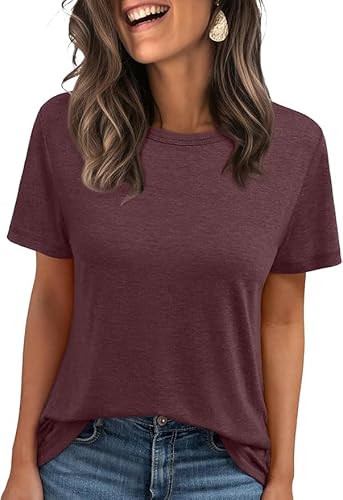 Cuptacc Tshirt Damen Sommer Basic Shirt Oberteile Damen Rundhals Kurzarm Einfarbig Casual Top Weinrot XXL 50-52 von Cuptacc