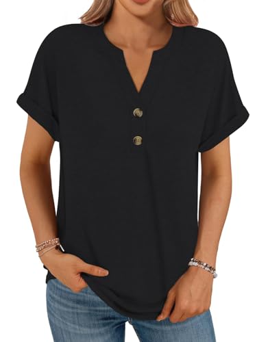 Cuptacc Tshirt Damen Sommer Kurzarm V-Ausschnitt Mit Knöpfen T-Shirt Basic Lockere Shirt Damen Einfarbiges Oberteil Freizeit Schwarz 3XL von Cuptacc