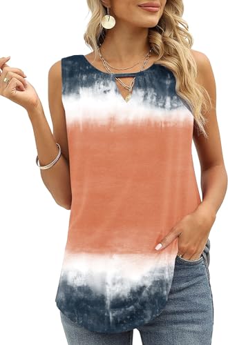 Cuptacc Tunika Damen Sommer Elegant Oversize Rundhals Top Cute Ärmellose Hemden Lose Business Blusen Schwarze Orangefarbener Krawattenfarbstoff 2XL 50-52 von Cuptacc