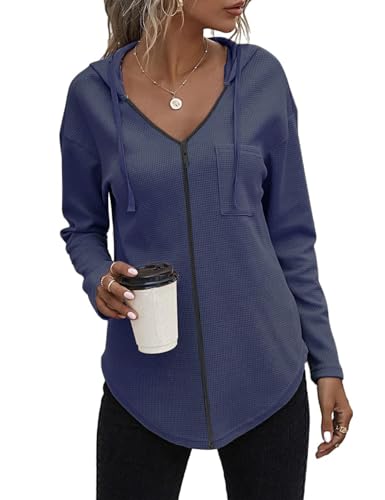 Cuptacc Zipper Hoodie Kapuzenpullover Damen V Ausschnitt Hoody mit Kapuze Sport Marineblau,Klein S 36 von Cuptacc