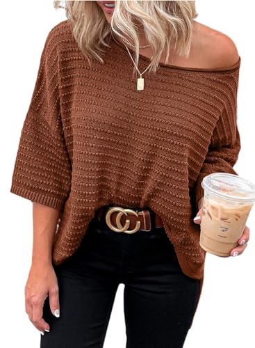 Cuptaccc Tops für Damen Lässige Elegante 3/4 Ärmel Oberteile Solide Herbst U-Boot-Ausschnitt Pullover Braun Mittel M 38-40 von Cuptacc