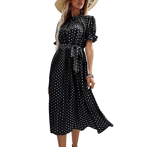 Cuque Rüschen-Kurzarmkleid Plissee-Design Tupfenmuster Kurzarm-Midikleid Kurzarm-Rundhals-Design Party-Urlaubskleid (S) von Cuque