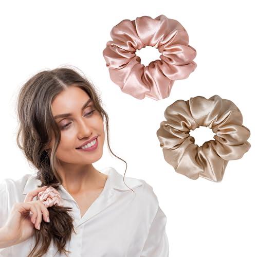 Curlia Haargummis Seide Scrunchies für Damen (2 Stück) - Zopfgummi mit Spiralförmigem Band für Damen Frauen Mädchen, Weich Seidig Elastisch Haargummis Mädchen (Beige & Rosa) von CurLia