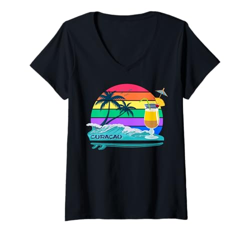 Damen Curacao Cocktail am Strand Surfbrett große Welle Palmen Meer T-Shirt mit V-Ausschnitt Damen Curacao Cocktail am Strand Surfbrett große Welle Palmen Meer T-Shirt mit V-Ausschnitt von Curacao ist toll