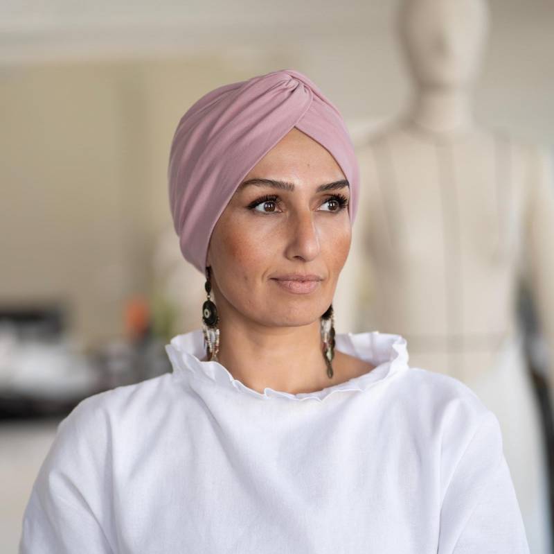Turban Damen/Mütze Kopfbedeckung Chemo Alopezie Leukämie Altrosa Hell von Curliaa