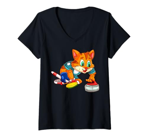 Damen Katzen Curling/Curlingspieler Katze T-Shirt mit V-Ausschnitt Damen Katzen Curling/Curlingspieler Katze T-Shirt mit V-Ausschnitt von Curling Animals