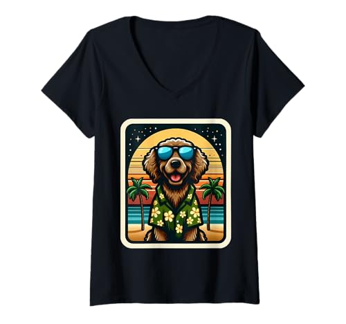 Damen Lockig beschichteter Retriever Hundebesitzer Summer Vibes Urlaub Strand T-Shirt mit V-Ausschnitt von Curly-Coated Retriever Dog Owner Vacation Products