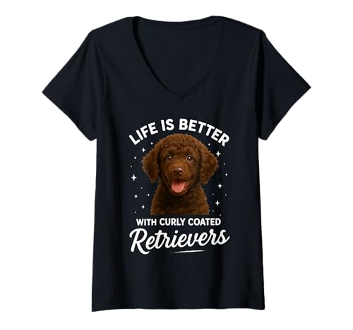 Damen Das Leben ist Besser mit Curly Coated Retriever T-Shirt mit V-Ausschnitt Damen Das Leben ist Besser mit Curly Coated Retriever T-Shirt mit V-Ausschnitt von Curly Coated Retriever Dog