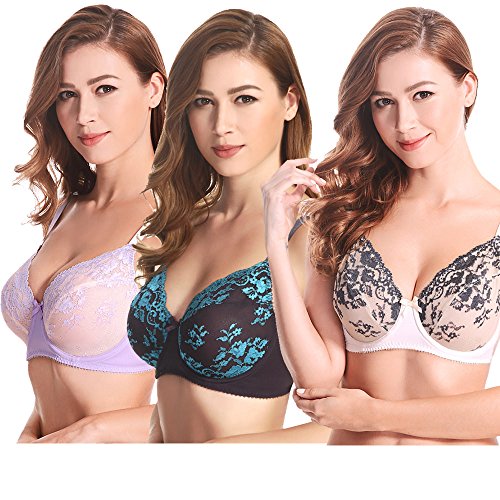 Curve Muse 3er Pack Übergröße Ungefüttert Semi-Sheer Balconette Bügel Spitzen-BH-Lavendel,Grau,Elfenbein-100C von Curve Muse