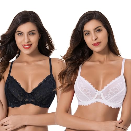 Curve Muse Balconette-Bügel-BH aus Spitze, halbdurchsichtig, gewellter Saum, 2 oder 3 Stück, Creme, Weiß (2er-Pack), 105C von Curve Muse